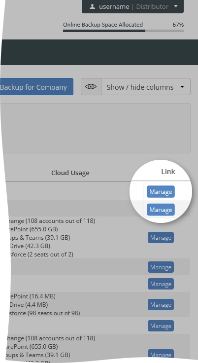 Cloud Application Backup page in Dashboard