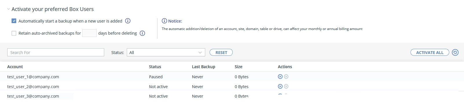 Manage account backups