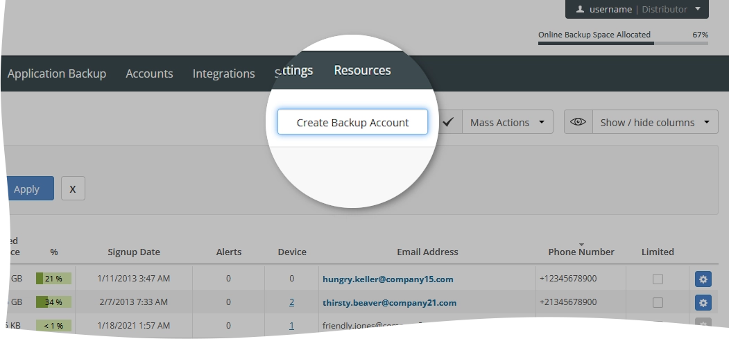 Create backup account action