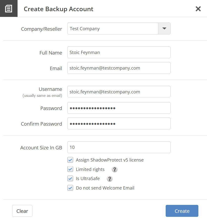 Create backup account view